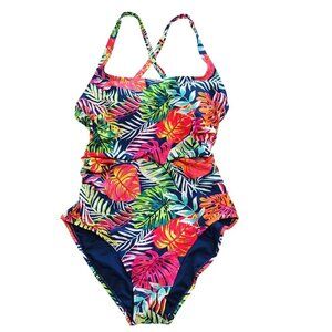 Caribbean Joe Tropical Floral One Piece Swimsuit Size 8 Cross Back Straps NWT